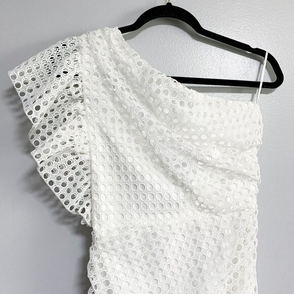 Ivory & Chain Eyelet White Ruffle Shoulder Ruched Mini Dress NWT Size 4 - Picture 7 of 13